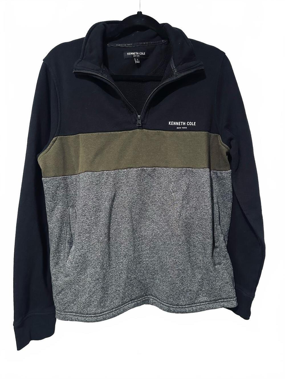 Kenneth Cole Men’s Zip-Up Colorblock Sweater - Black/Olive/Gray